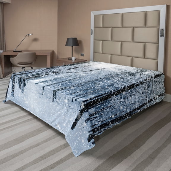 Ambesonne Winter Flat Sheet, Snow Covered Forest, King Size, Black White Slate Blue