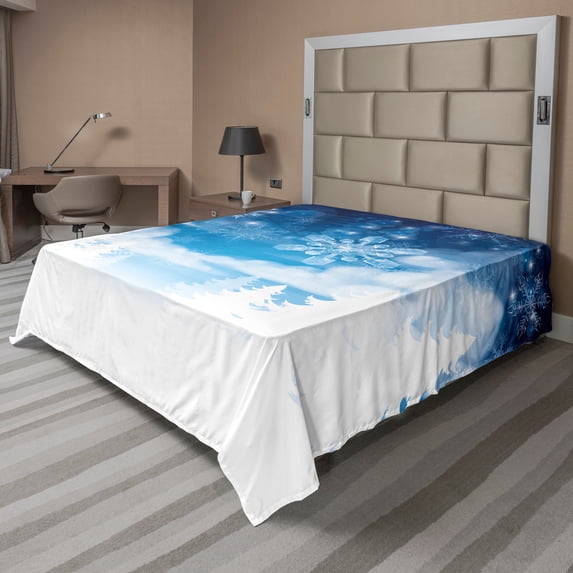 Ambesonne Winter Flat Sheet, Snowflakes and Stars, King Size, Blue White