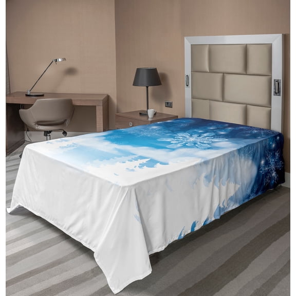 Ambesonne Winter Flat Sheet, Snowflakes and Stars, Twin Size, Blue White