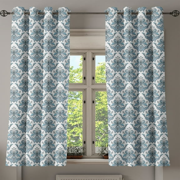 Ambesonne Winter Grommet Curtain, Classical Floral Damask, 50" x 63", Pale Blue White Grey