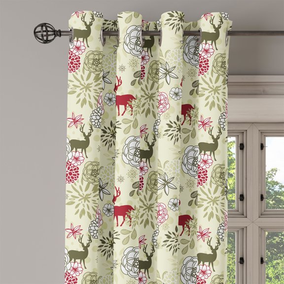 Ambesonne Winter Grommet Curtain Single Panel, Deer Flowers Christmas, 50"x60", Olive Green Pale Green