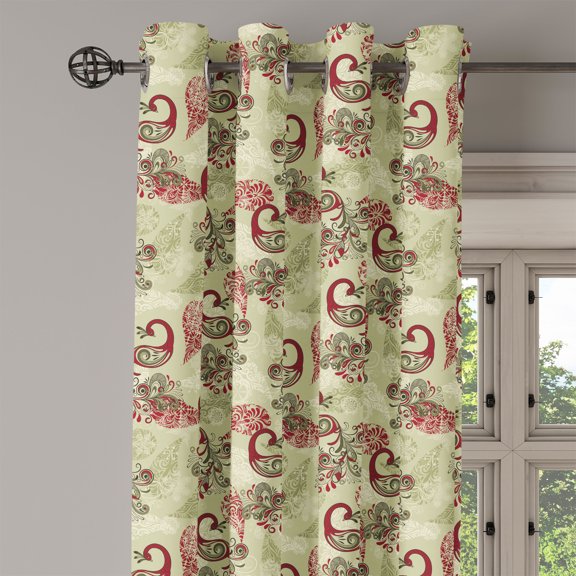 Ambesonne Winter Grommet Curtain Single Panel, Peacocks and Snowflakes, 50"x60", Ruby Olive Green Cream