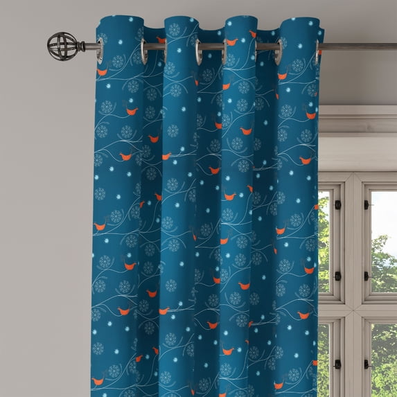 Ambesonne Winter Grommet Curtain Single Panel, Tiny Birds on Tree Branches, 50"x60", Petrol Blue Orange White
