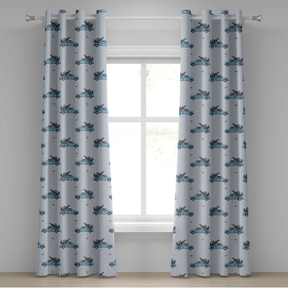 Ambesonne Winter Grommet Curtain, Vintage Truck Xmas Tree Art, 50"x72", Soft Blue and Dark Green