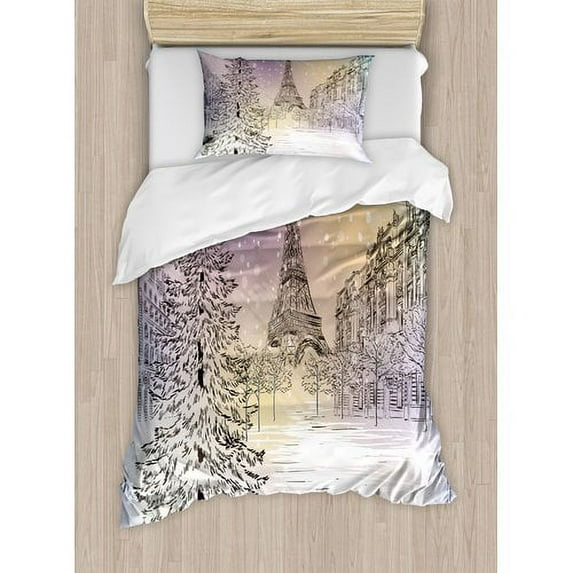 Ambesonne Winter Image of Stormy Day in Paris Streets Eiffel Tower Europe Scene Duvet Cover Set