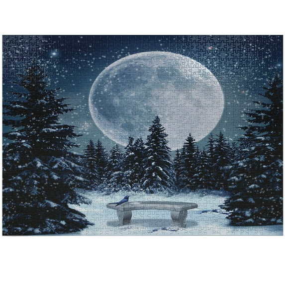Ambesonne Winter Jigsaw Puzzle, Moonlight Forest Bird, Heirloom-Quality Fun Activity for Family Durable Cardboard, 1000 pcs, Blue White