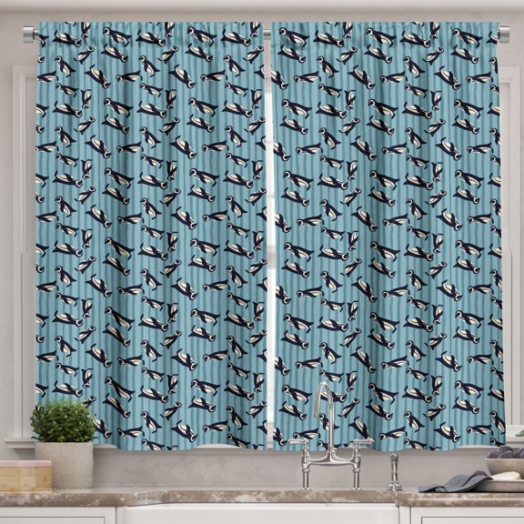 Ambesonne Winter Kitchen Curtains, Cartoon Penguins Pattern, 55"x24", Dark Blue and Eggshell