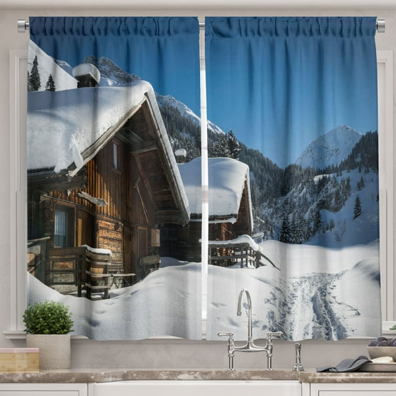 Ambesonne Winter Kitchen Curtains, Houses Austria Mountains, 55"x45", Brown Blue White