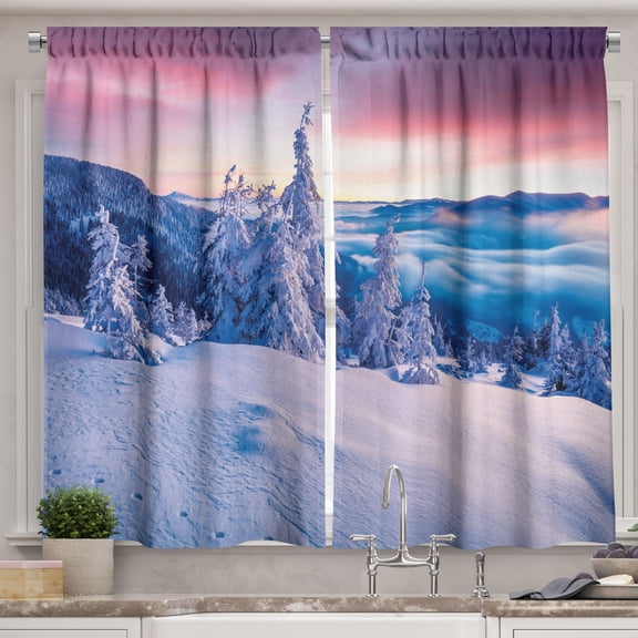 Ambesonne Winter Kitchen Curtains, Peak of the Mountain Art, 55"x45", Ceil Blue Pale Blue