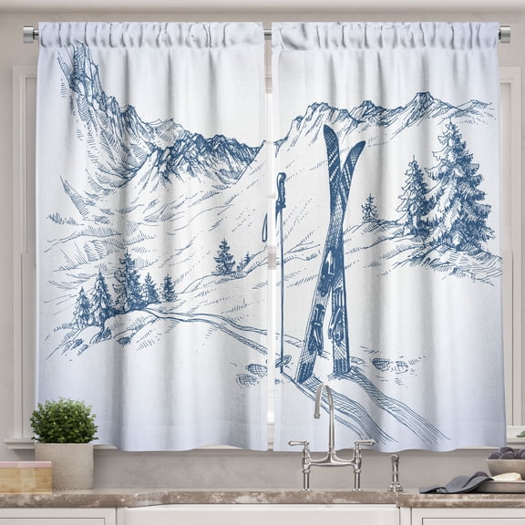 Ambesonne Winter Kitchen Curtains, Ski Sport Mountain View, 55"x24", Blue White