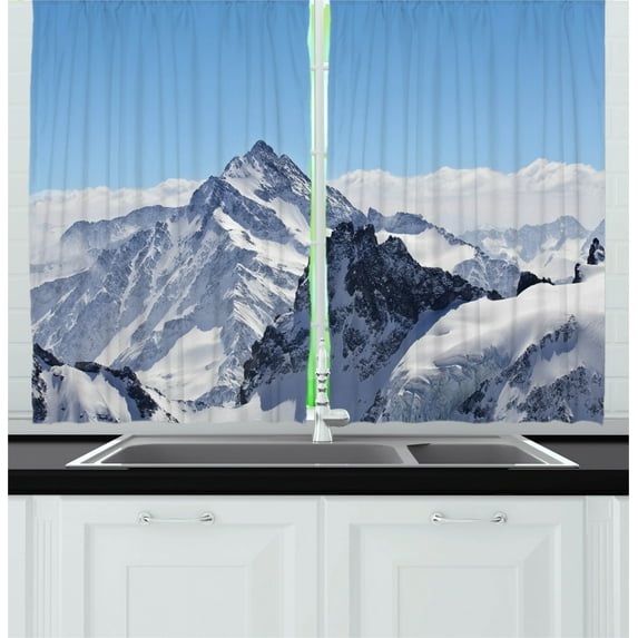 Ambesonne Winter Kitchen Curtains, Snowy Mountain Peaks, 55"x39", Blue and White