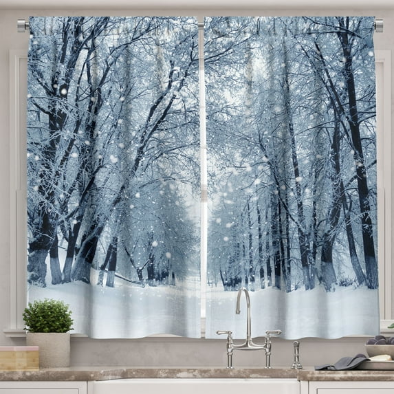 Ambesonne Winter Kitchen Curtains, Wildlife Snowy Trees, 55"x45", White Black and Grey