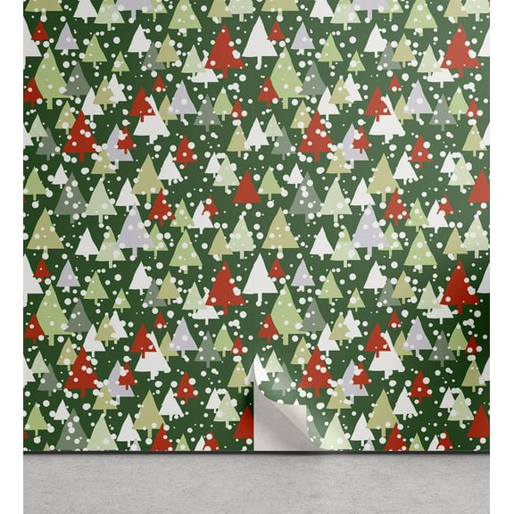 Ambesonne Winter Peel & Stick Wallpaper for Home, Christmas with Pine Trees, 13"x100", Emerald Vermilion and White