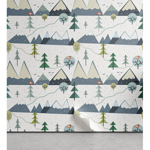 Ambesonne Winter Peel & Stick Wallpaper for Home, Snowy Landscape Mountains, 13"x100", Multicolor