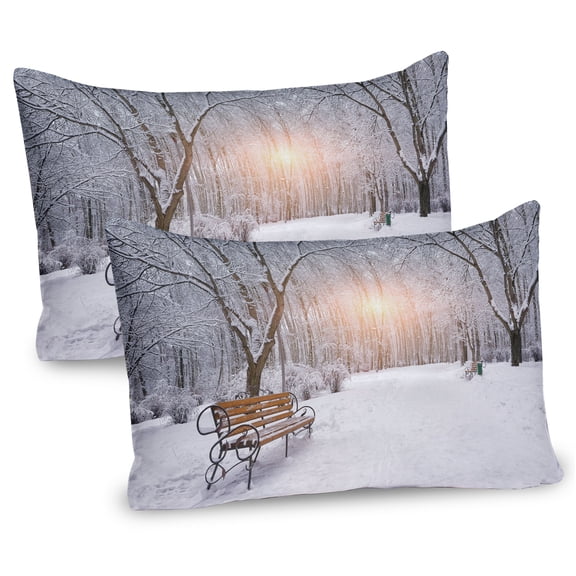 Ambesonne Winter Pillow Sham 2 Pack, City Park Sunset Forest, 26"x20", Umber White Orange