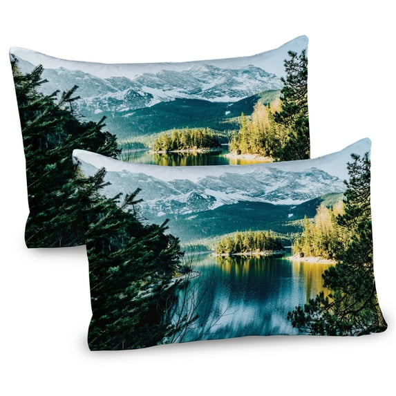 Ambesonne Winter Pillow Sham 2 Pack, Mountain Frozen Lake, 36"x20", Green White