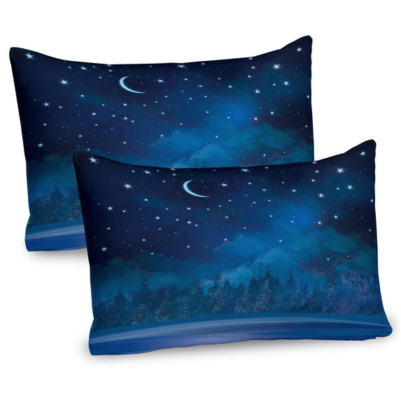 Ambesonne Winter Pillow Sham 2 Pack, Nighttime Painting Blue Moon, 30"x20", Sea Blue Dark Blue