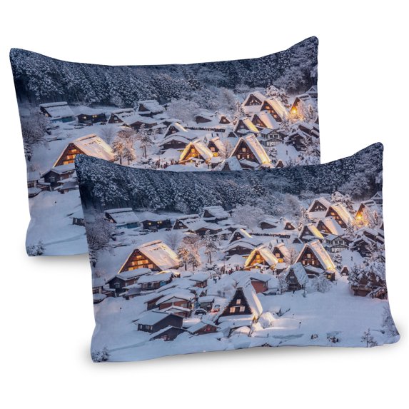 Ambesonne Winter Pillow Sham 2 Pack, Shirakawago Scenery in Japan, 30"x20", Pale Purpleblue Brown