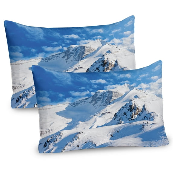 Ambesonne Winter Pillow Sham 2 Pack, Snowy Mountain Ski, 30"x20", White Blue