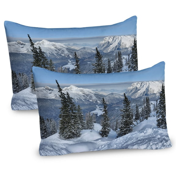 Ambesonne Winter Pillow Sham 2 Pack, Woodland Snowy Mountain, 36"x20", White Green