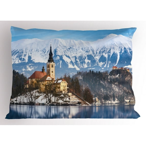 Ambesonne Winter Pillow Sham, Lake Scene Illustration, 26" X 20", Multicolor