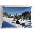 thumbnail image 1 of Ambesonne Winter Pillow Sham, Log Cabins in Mountains, 36" X 20", Blue Brown White, 1 of 2