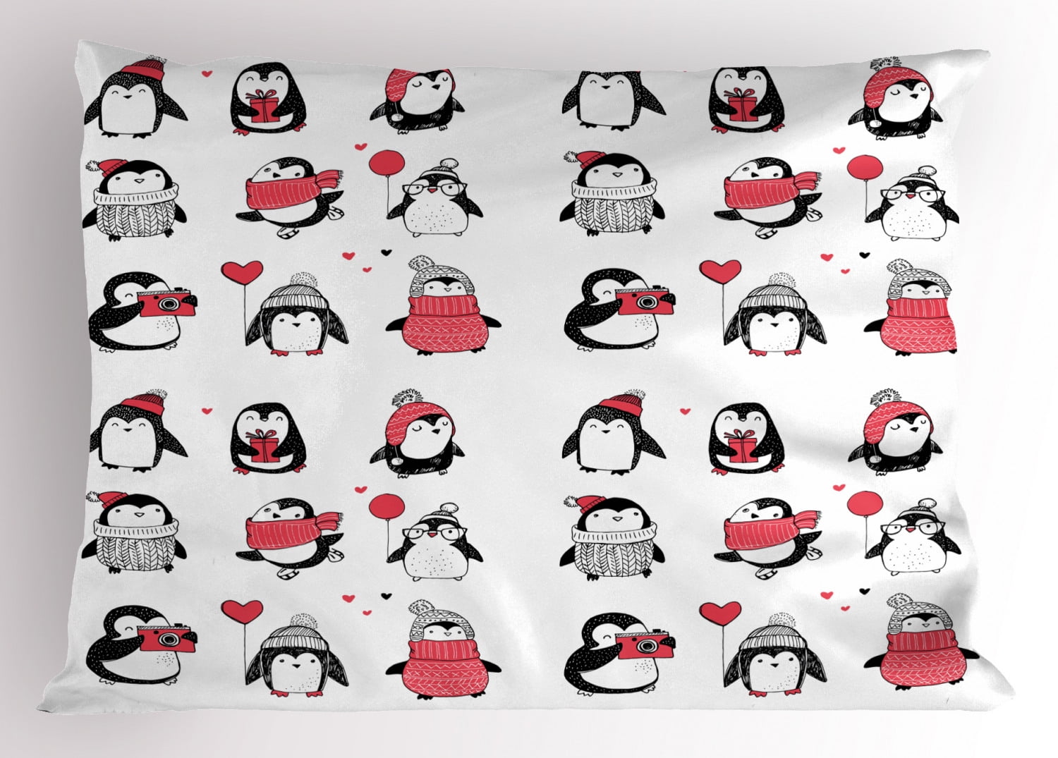 Penguin Print White and Coral Polyester Standard Pillow Sham