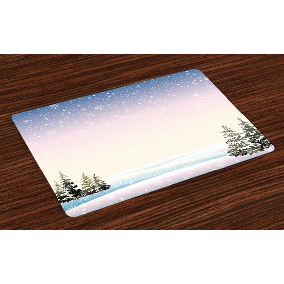 Ambesonne Winter Place Mats Set of 4, Snowfall and Pine Trees, Standard Size, Multicolor