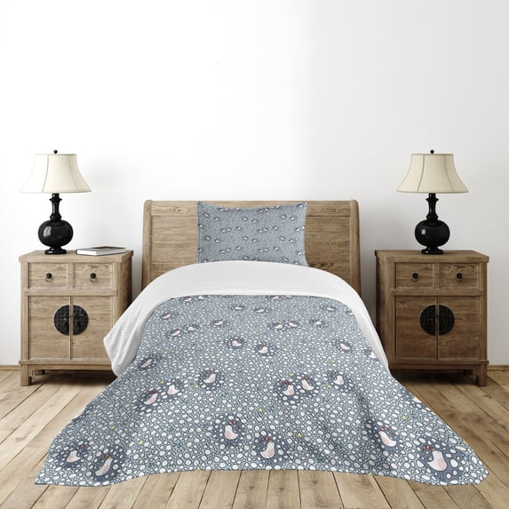 Ambesonne Winter Quilted Bedspread Set 2 Pcs, Bird with Xmas Hat Snow, Twin Size, Pale Grey Multicolor