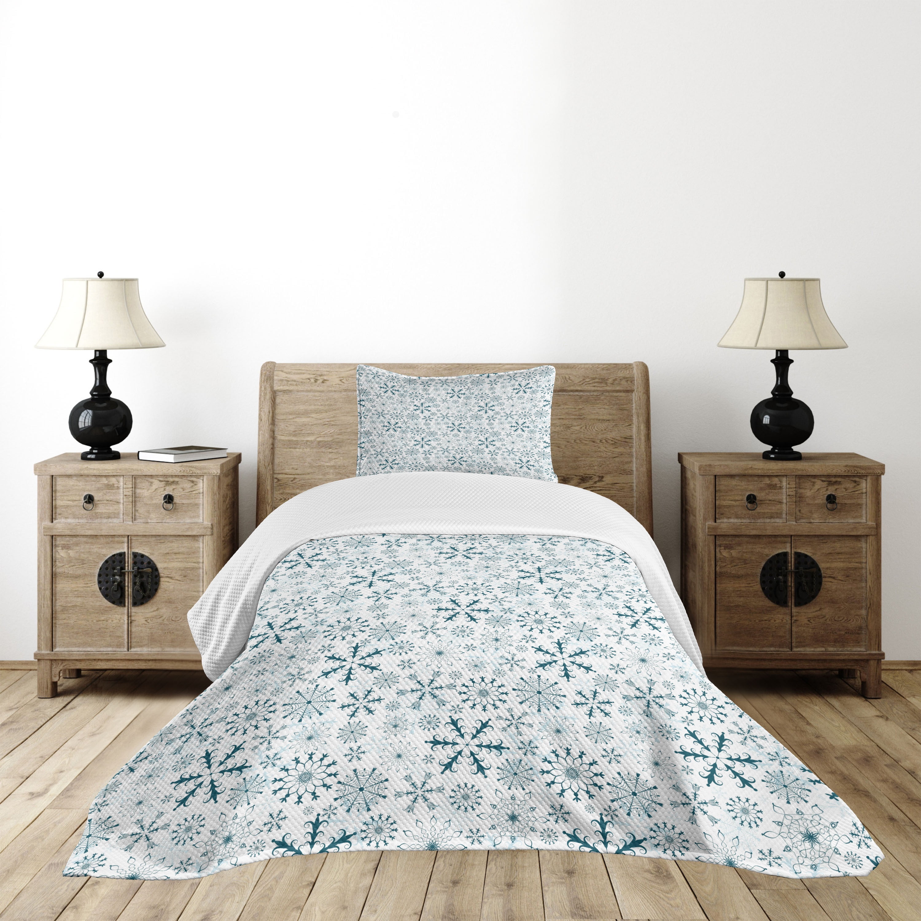 Teal and White Snowflake Twin Bedspread Set