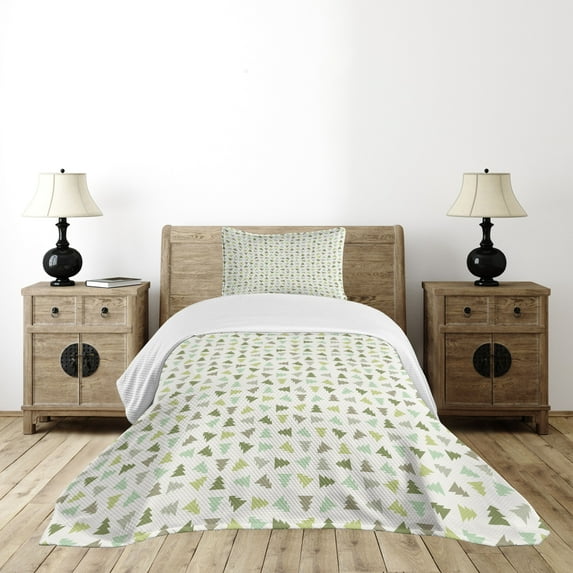 Ambesonne Winter Quilted Bedspread Set 2 Pcs, Pine Tree Retro, Twin Size, Multicolor