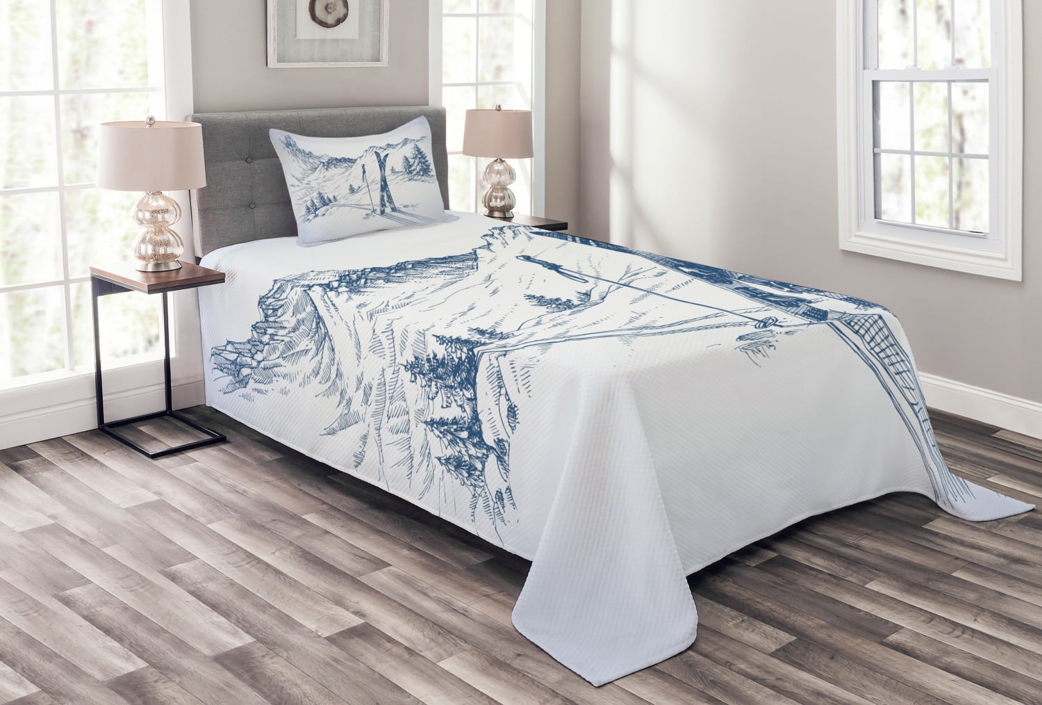 Twin White Quilted Bedspread Set with Ski Mountain Design