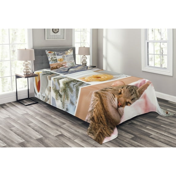 Ambesonne Winter Quilted Bedspread Set 2 Pcs, Snow Cat Coffee Donuts, Twin Size, Multicolor
