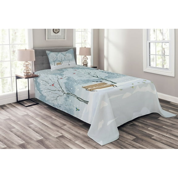 Ambesonne Winter Quilted Bedspread Set 2 Pcs, Snow in Park Xmas Trees, Twin Size, White and Blue