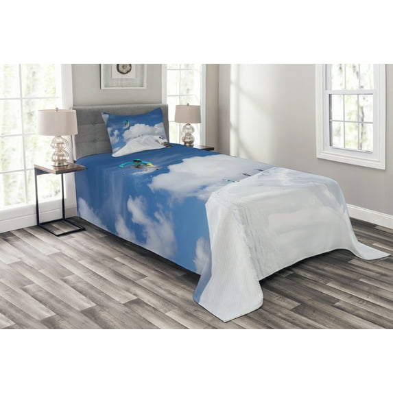 Ambesonne Winter Quilted Bedspread Set 2 Pcs, Snowboarder Mountaintop, Twin Size, Blue White