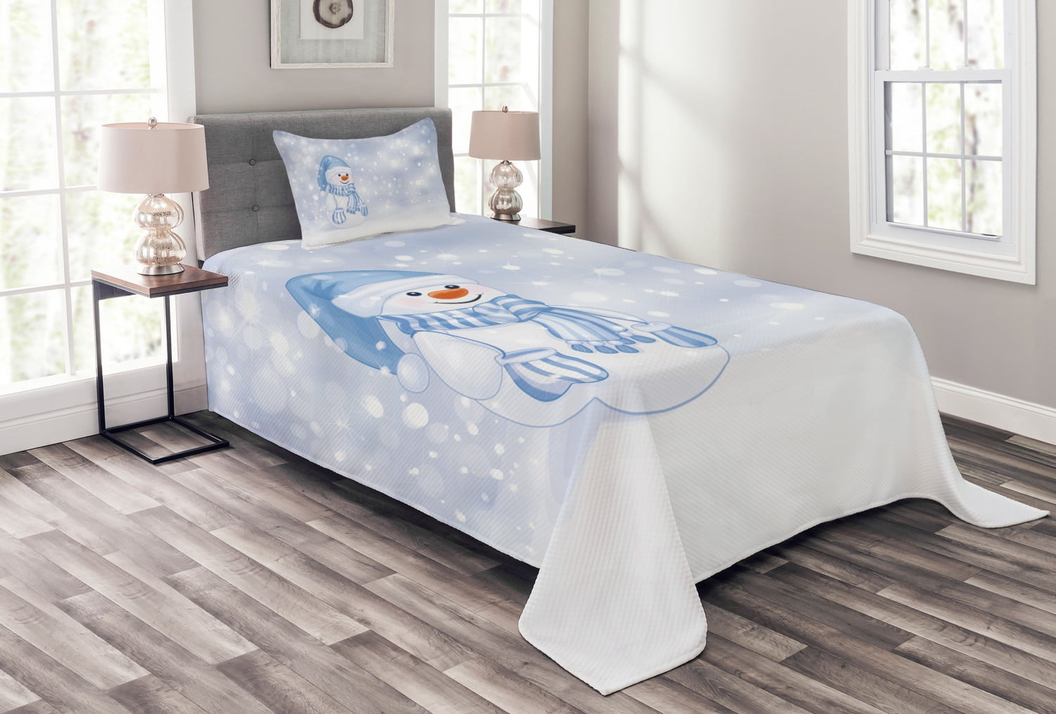 Snowman Cartoon Twin White Polyester Quilted Bedspread Set