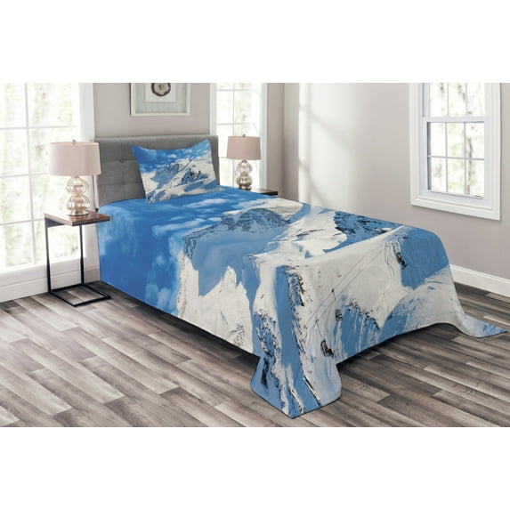 Ambesonne Winter Quilted Bedspread Set 2 Pcs, Snowy Mountain Ski, Twin Size, White Blue