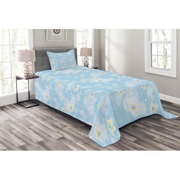 Ambesonne Winter Quilted Bedspread Set 2 Pcs, Soft Stars, Twin Size, Pale Blue Yellow White