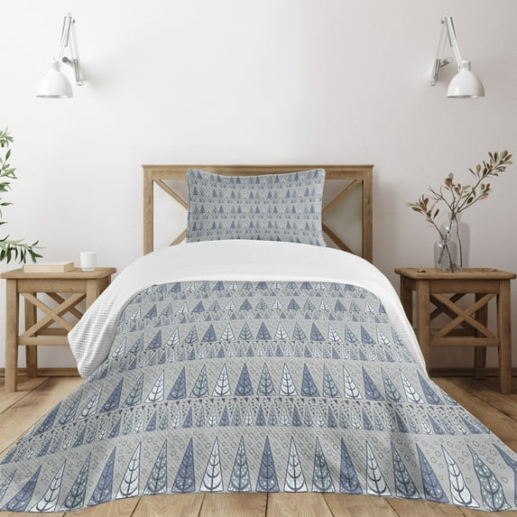 Ambesonne Winter Quilted Bedspread Set 2 Pcs, Triangular Pine Trees, Twin Size, Taupe Slate Blue Sage