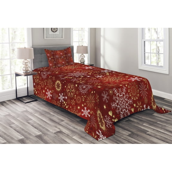 Ambesonne Winter Quilted Bedspread Set 2 Pcs, Vintage Xmas, Twin Size, Vermilion Yellow White