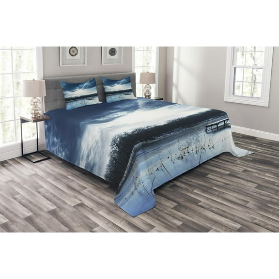 Ambesonne Winter Quilted Bedspread Set 3 Pcs, Blue Mountain Lake Scene, King Size, Purple Grey Slate Blue