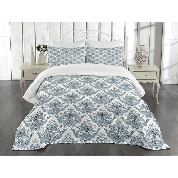 Ambesonne Winter Quilted Bedspread Set 3 Pcs, Classical Floral Damask, King Size, Pale Blue White Grey