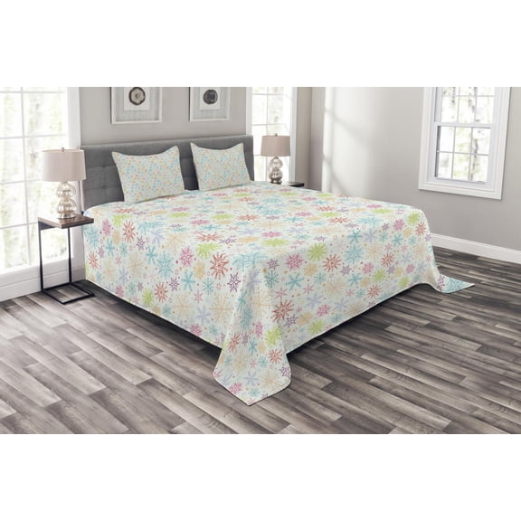 Ambesonne Winter Quilted Bedspread Set 3 Pcs, Colorful Doodle Snow, King Size, Multicolor