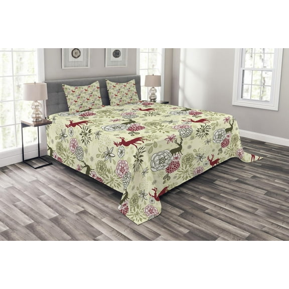 Ambesonne Winter Quilted Bedspread Set 3 Pcs, Deer Flowers Christmas, King Size, Olive Green Pale Green