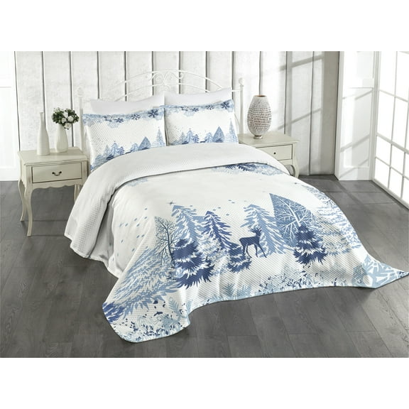 Ambesonne Winter Quilted Bedspread Set 3 Pcs, Deer Pine Trees Xmas, Queen Size, Blue White