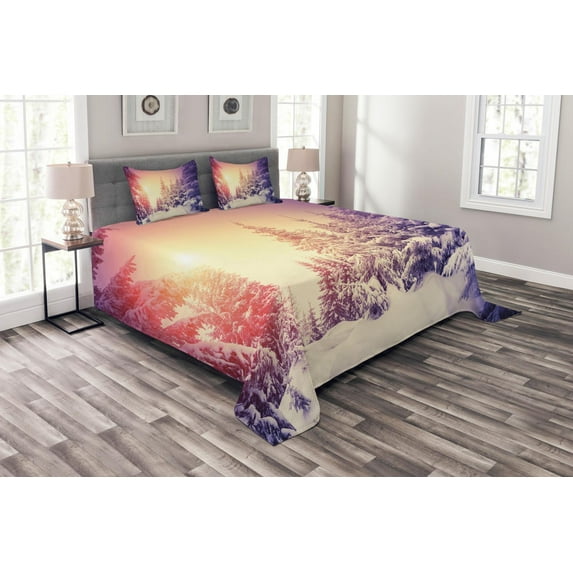 Ambesonne Winter Quilted Bedspread Set 3 Pcs, Dramatic Scene Sunrise, Queen Size, Multicolor