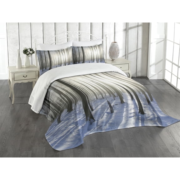 Ambesonne Winter Quilted Bedspread Set 3 Pcs, Forest December Morning, King Size, Pale Yellow Bluegrey