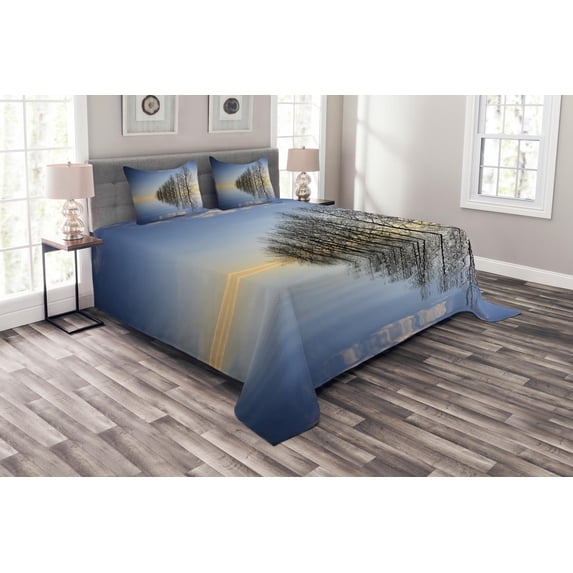 Ambesonne Winter Quilted Bedspread Set 3 Pcs, Frozen Lake in Nature, Queen Size, Blue Brown