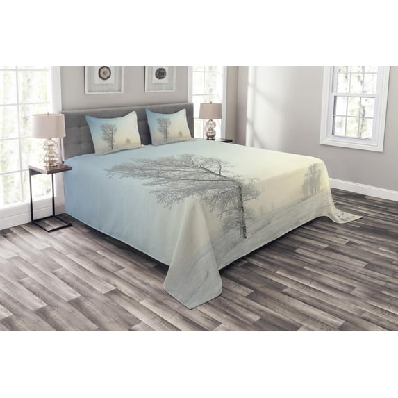 Ambesonne Winter Quilted Bedspread Set 3 Pcs, Frozen Tree Morning Sun, King Size, Pale Blue Cream White