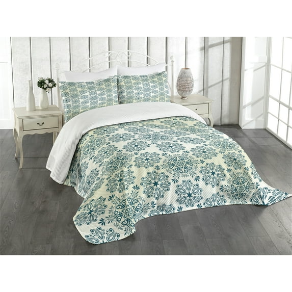 Ambesonne Winter Quilted Bedspread Set 3 Pcs, Mandala Style, King Size, Teal Cream